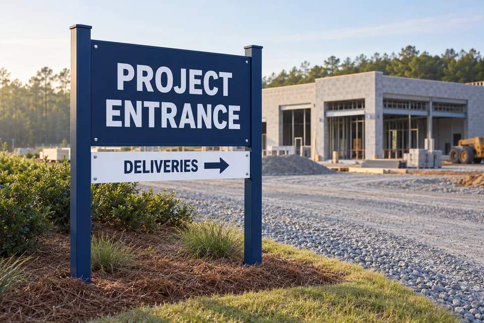 Boiling Springs Construction Signs — post-and-panel project entrance and delivery direction signs