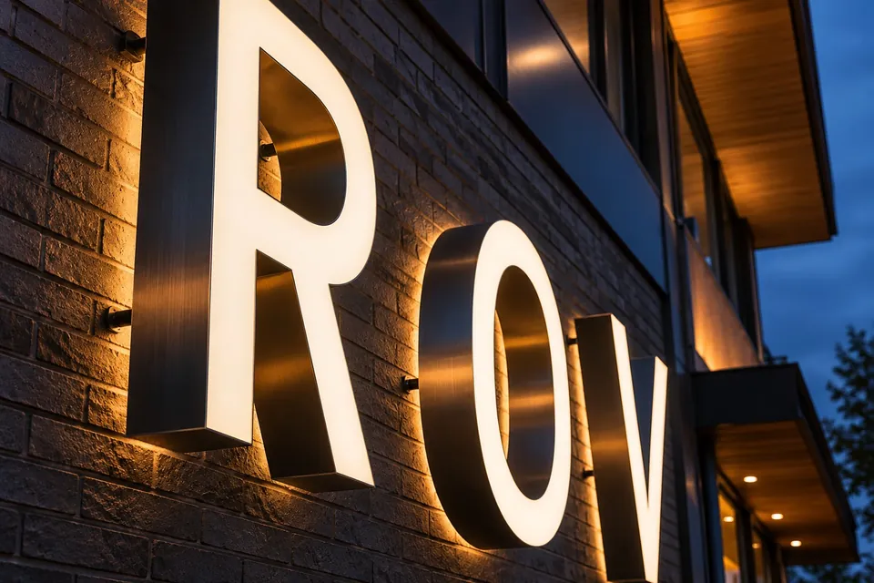 Side view of illuminated white-faced channel letters mounted on dark brick at dusk