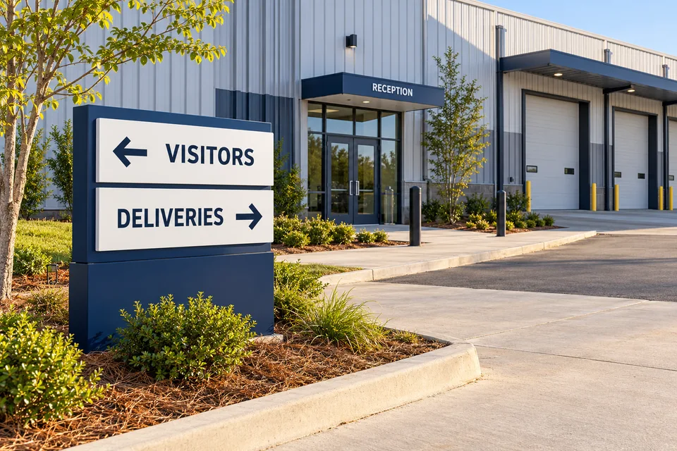 Greer Warehouse Signs — visitor and delivery directory beside an industrial reception entrance