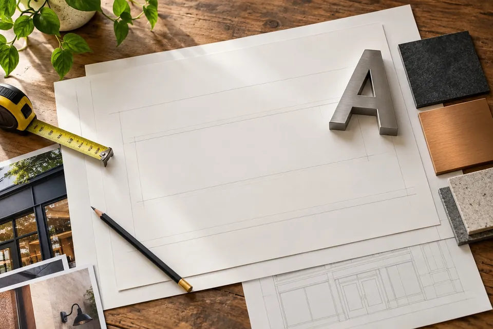 Blank sign layout sheets, a metal letter sample, material swatches and measuring tools on a desk