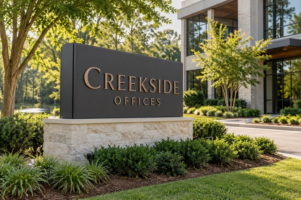 Spartanburg Monument Signs — stone monument with dimensional lettering at a landscaped entrance